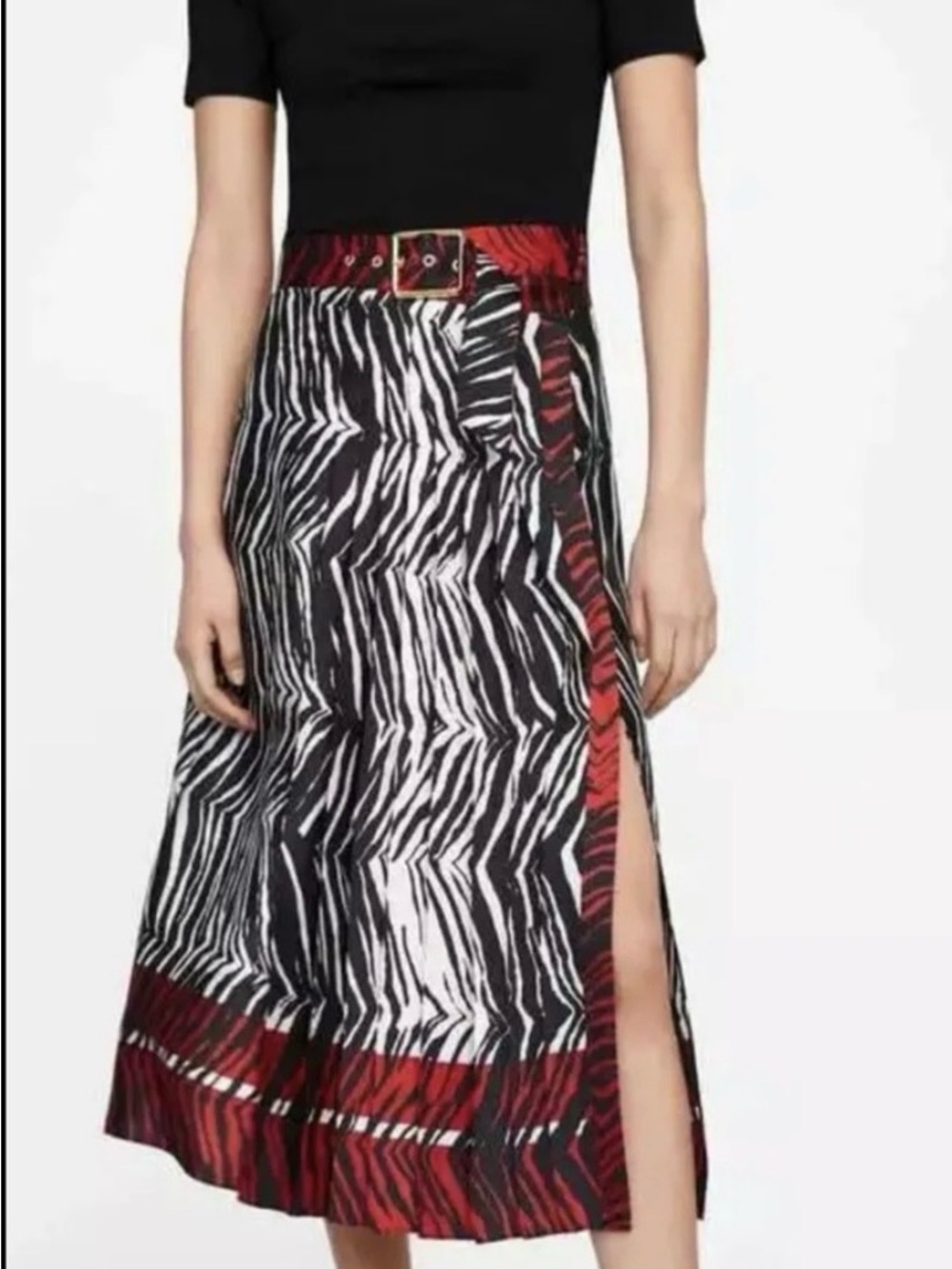NWT Zara Zebra-Print Belted Midi Skirt with Side Slit